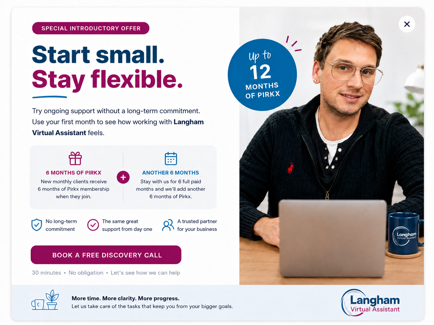 Start small, stay flexible. New monthly clients can receive six months of Pirkx membership, with another six months after six full paid months.
