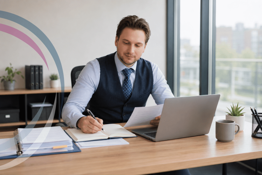 Administrative assistant working at a desk with a laptop and notebook.