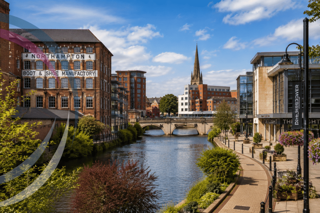 Northampton riverside with historic red-brick buildings, modern offices and a stone bridge across the River Nene.