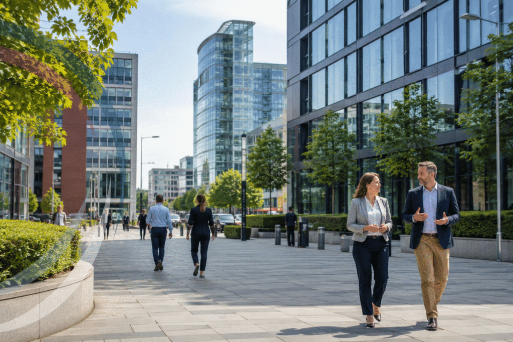 Business district in Milton Keynes with professionals walking between modern offices